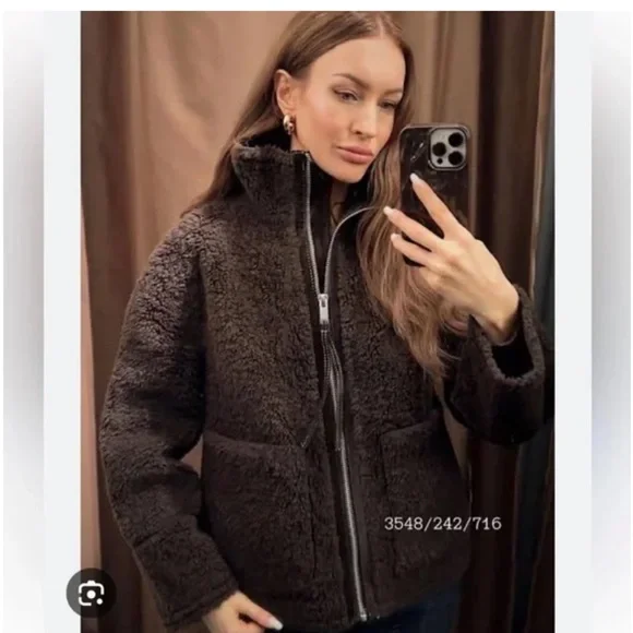 Zara NWT faux shearling double faced jacket dark brown ZW Collection 3548/242 - Picture 11 of 13